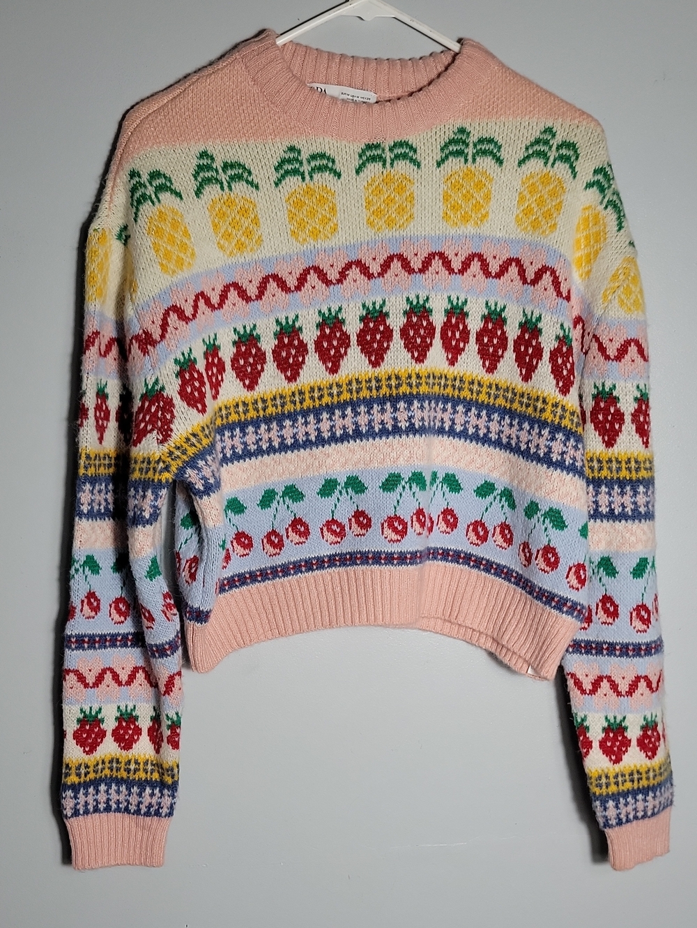 Zara Pink Fruit-Print Crewneck Sweater Medium